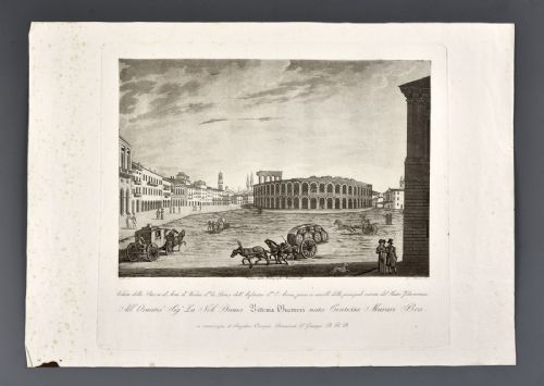 Bennassuti Giuseppe "Blick auf die Piazza d'armi von Verona, genannt Bra, und das Amphitheater, genannt Arena, vor den Toren des Haupteingangs des Philharmonischen Theaters
    